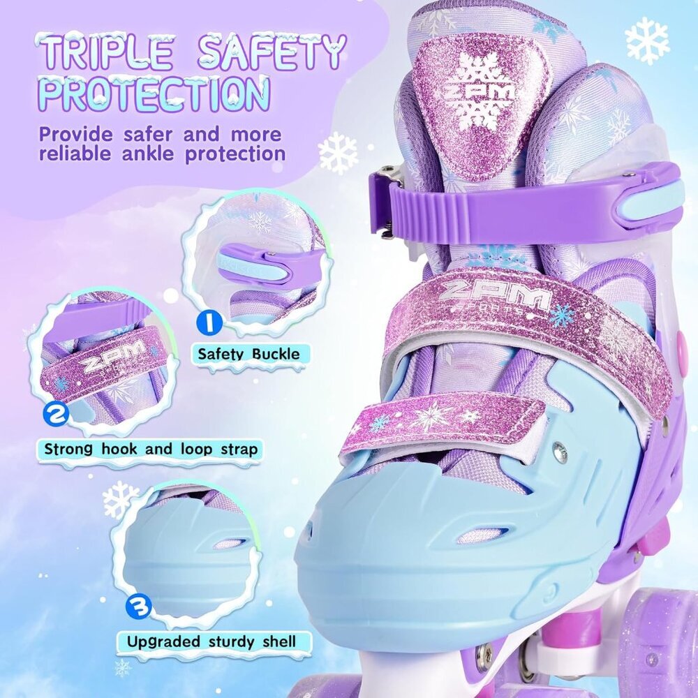 Kids Purple Blue Light Up Wheels Adjustable Youth Plastic Roller Skates Shoes - Picture 3 of 8
